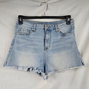 Vanilla Star Womens High Rise Shortie Denim Short Light Wash Frayed 11 Vacation
